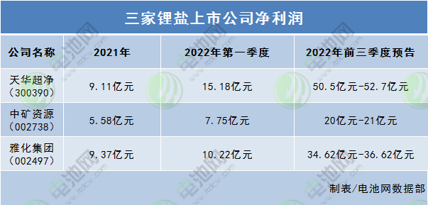 三家锂盐上市公司净利润