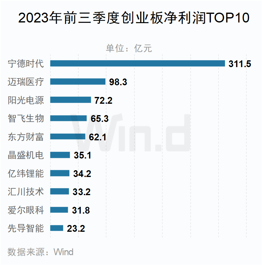 2023年前三季度创业板净利润TOP10